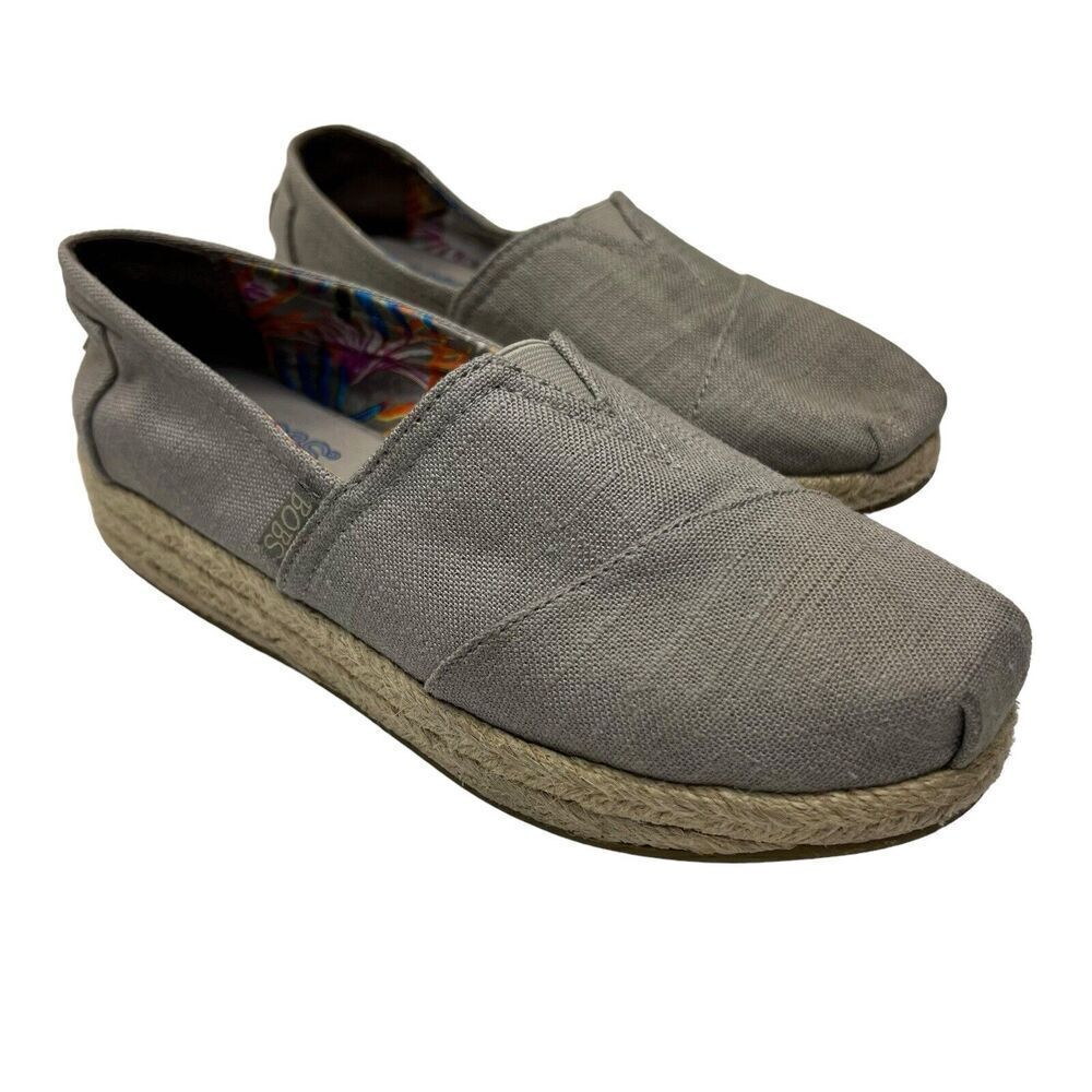 Bobs Skechers Canvas Taupe Tan Loafers 7.5 Slip On Memory Foam Wedge